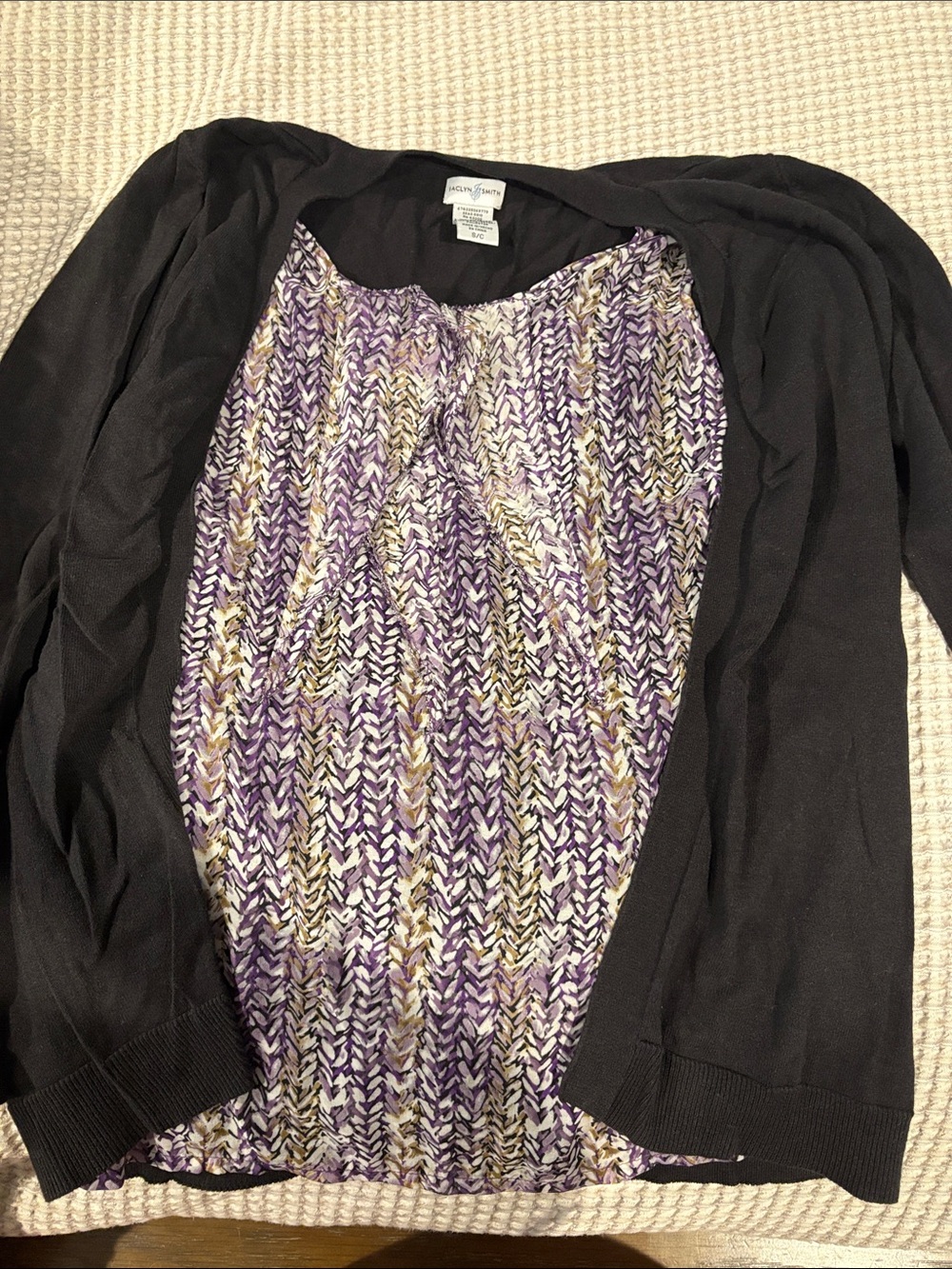 Jaclyn Smith Black Cardigan with Purple Patterned Shell